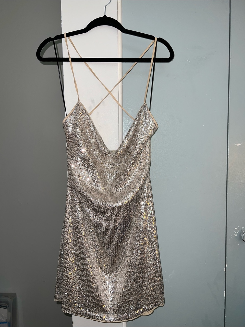Divided Silver Sequin Cowl Mini Dress